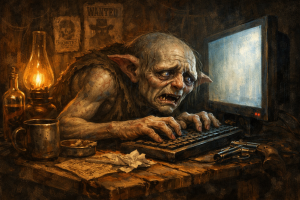Dark fantasy troll hunched over a computer typing hateful comments in a dim Western cabin.